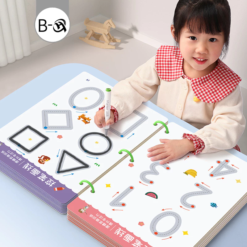 เด็กใช้หนังสือฝึกลากเส้น BHQ ฝึกเขียนรูปทรงและตัวเลข